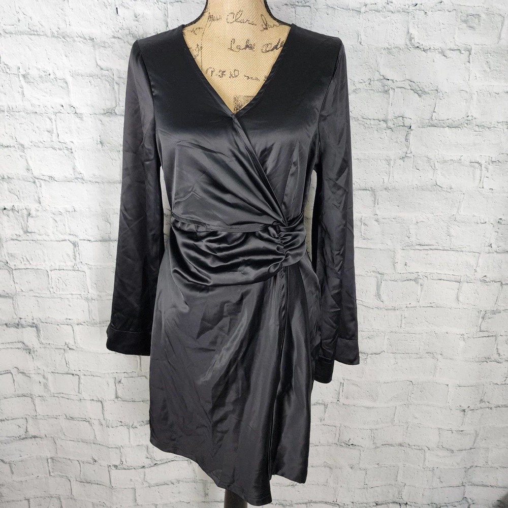 Ever After dress Sz M black mini kimono style long sleeve satin cocktail goth